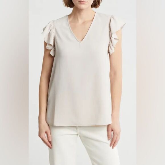 Amazon Cream Flutter Sleeve Blouse with Ruffled Details - Picture 1 of 4